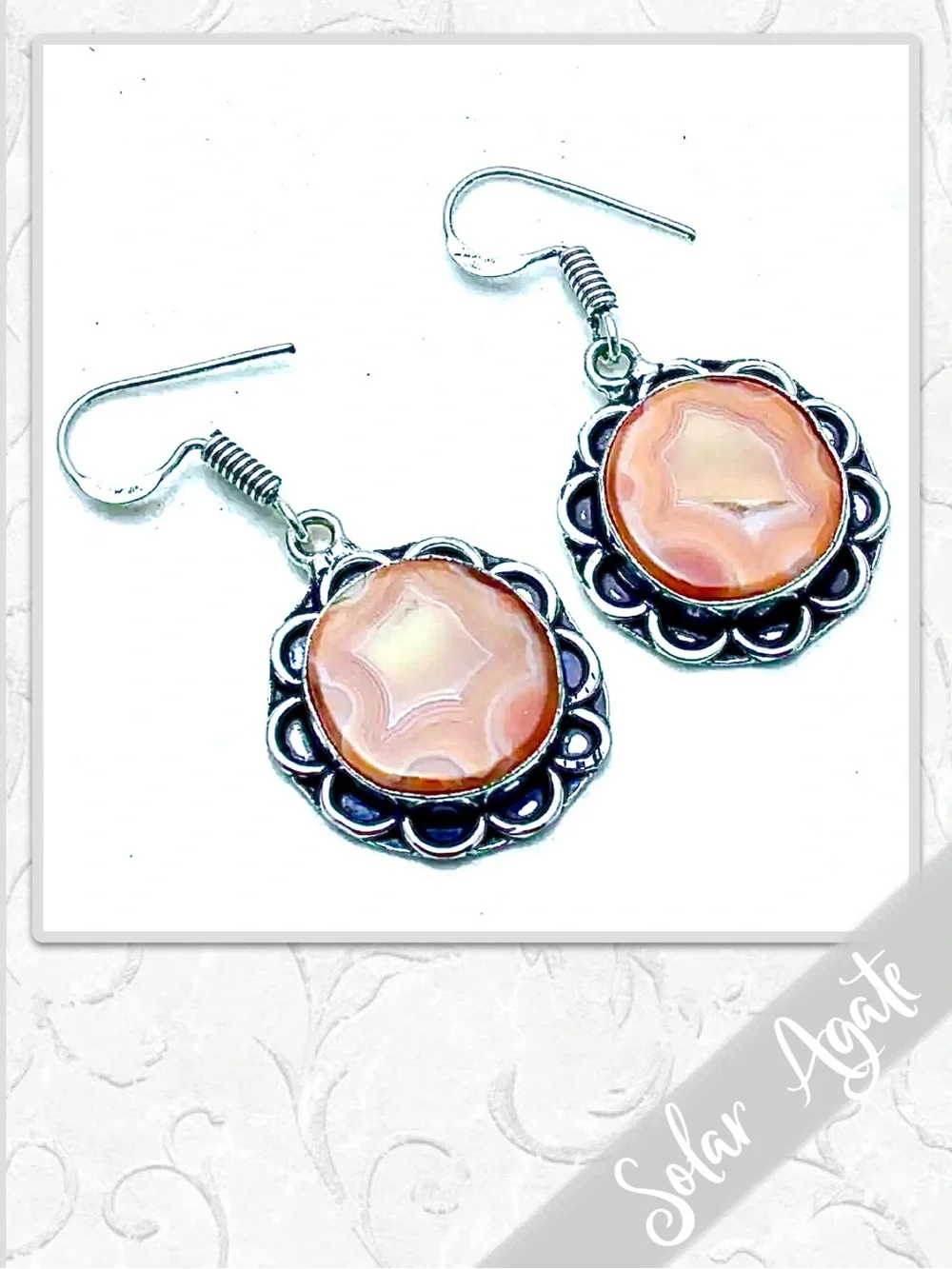 Solar Agate Eclectic Silver Drop Dangle Artisan Earrings (Orange)